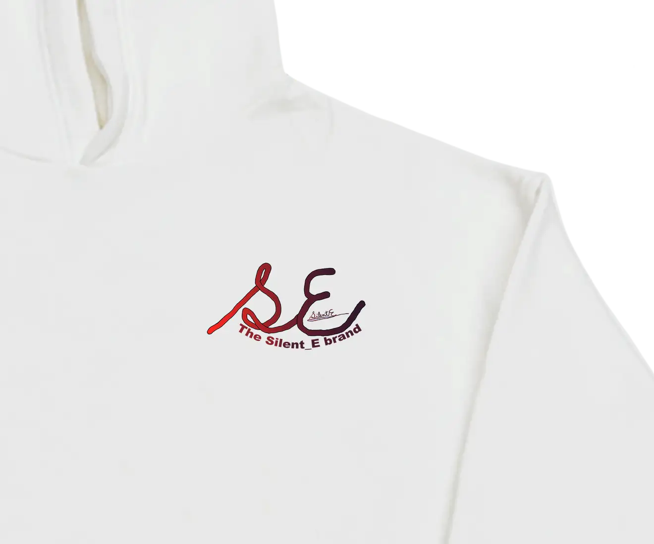 Silent_E_brand_original_logo_white_hoodie_front_close_up